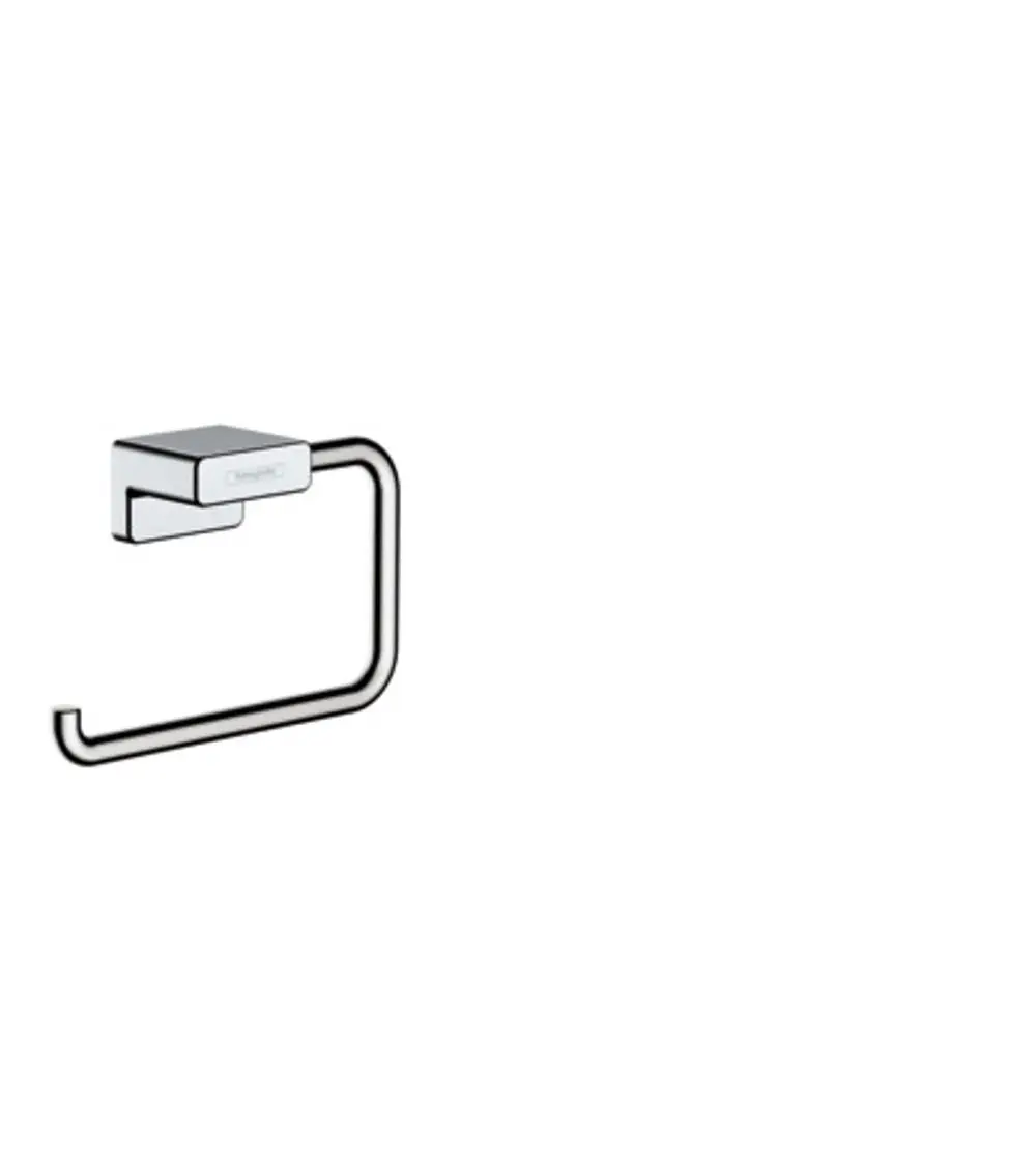 Toilettenpapierhalter von Hansgrohe in schlichtem Design, montiert an der Wand. Der Halter hat eine rechteckige Aufhängung in Chrom-Optik.
